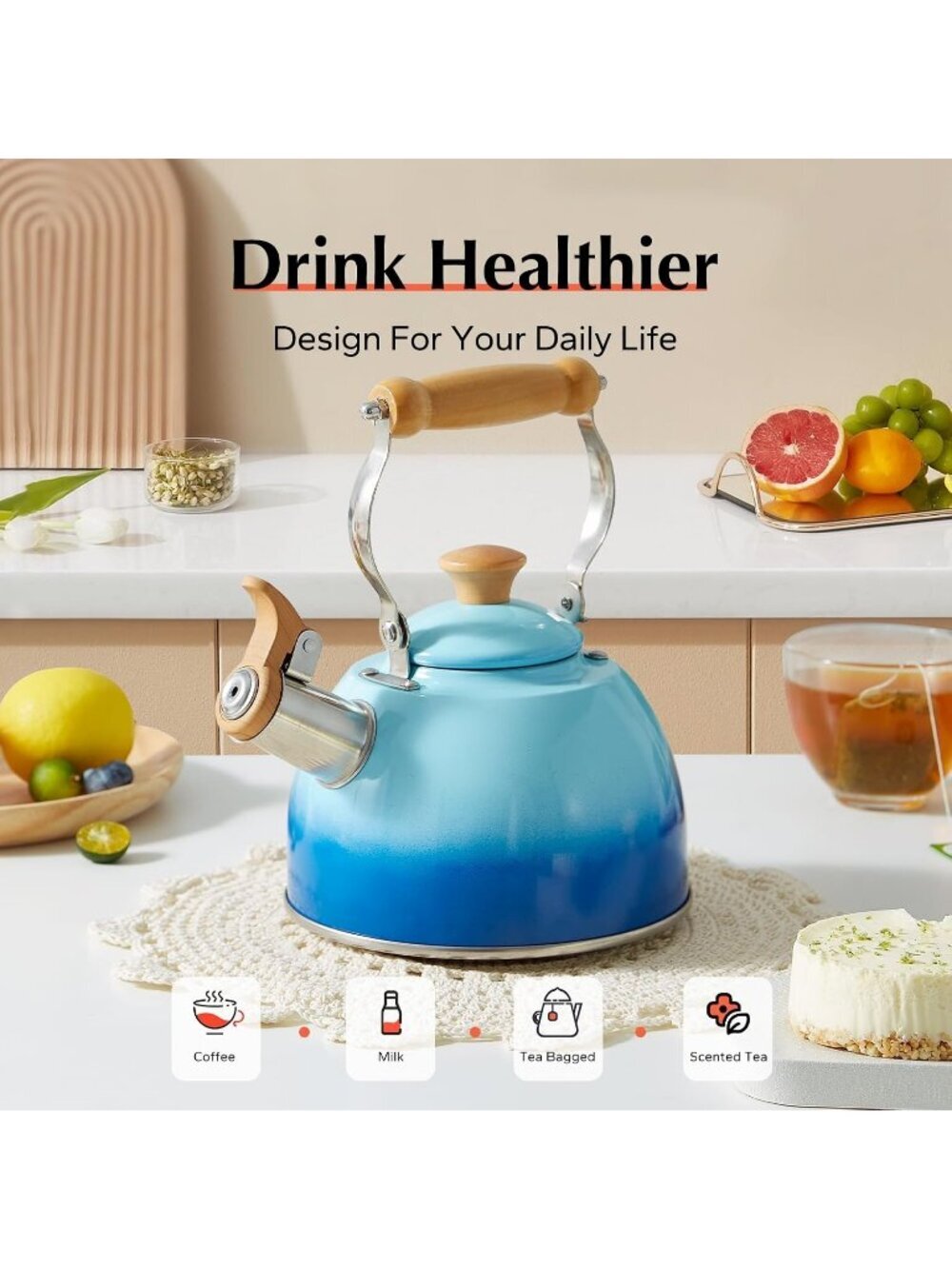 ROCKURWOK 1.6 Quart Blue Whistling Tea Kettle Stainless Steel Stovetop Tea Pot - Picture 2 of 7